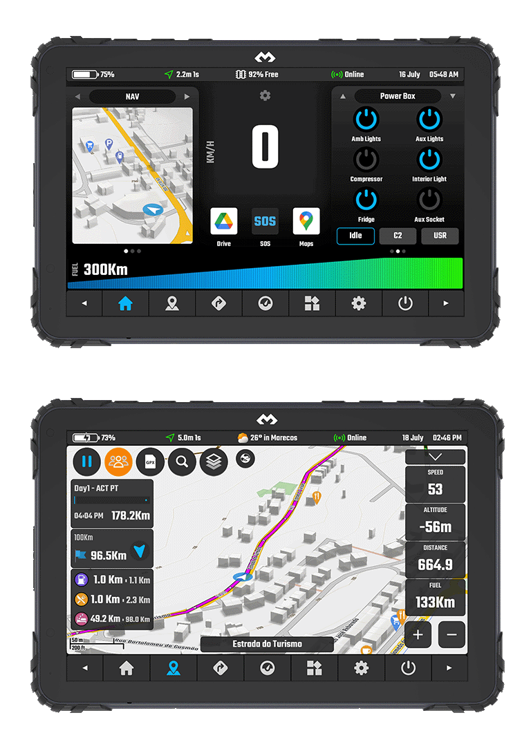 DMD T880X tablet showing dashboard and map screens
